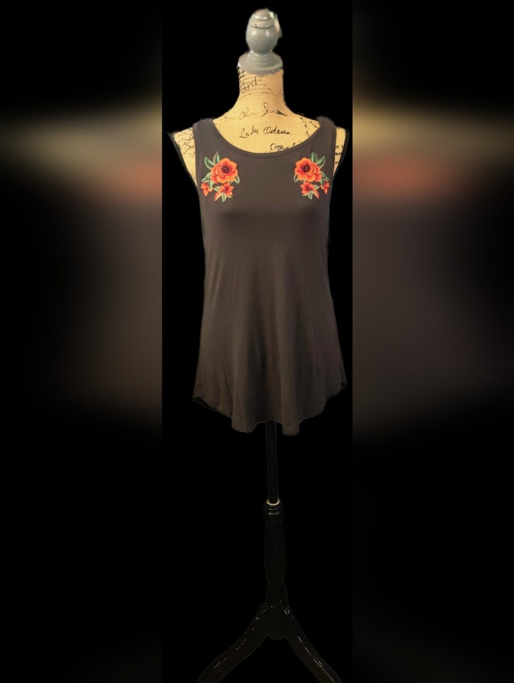 #WC143 Brown Tank Top with Red Floral Embroidery - Women Tops